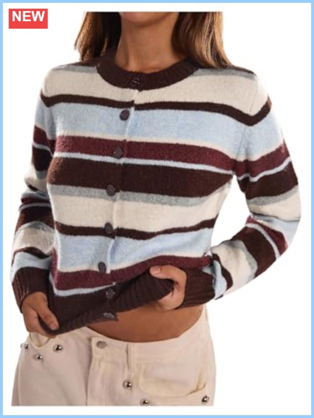 Womens Cropped Cardigan Button Up Striped Knit Long Sleeve Fall Sweater
